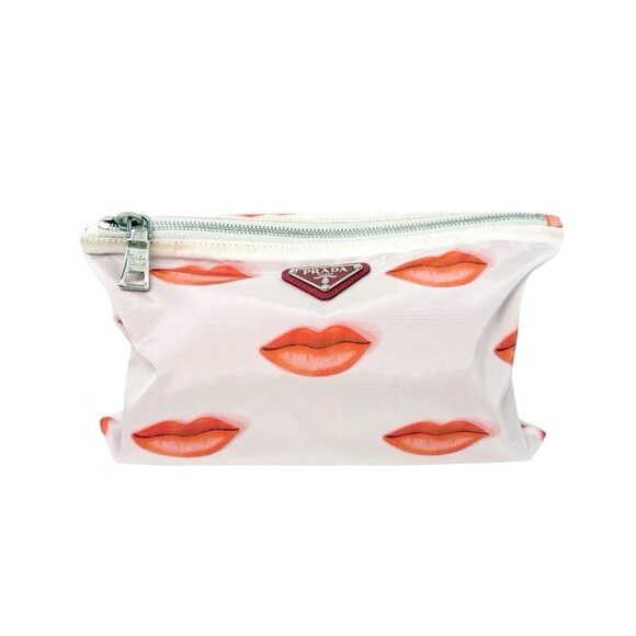 PRADA Vintage Triangle Logo Lip Print Shopping Tote Bag Pouch White Red [106202] - Picture 11 of 16